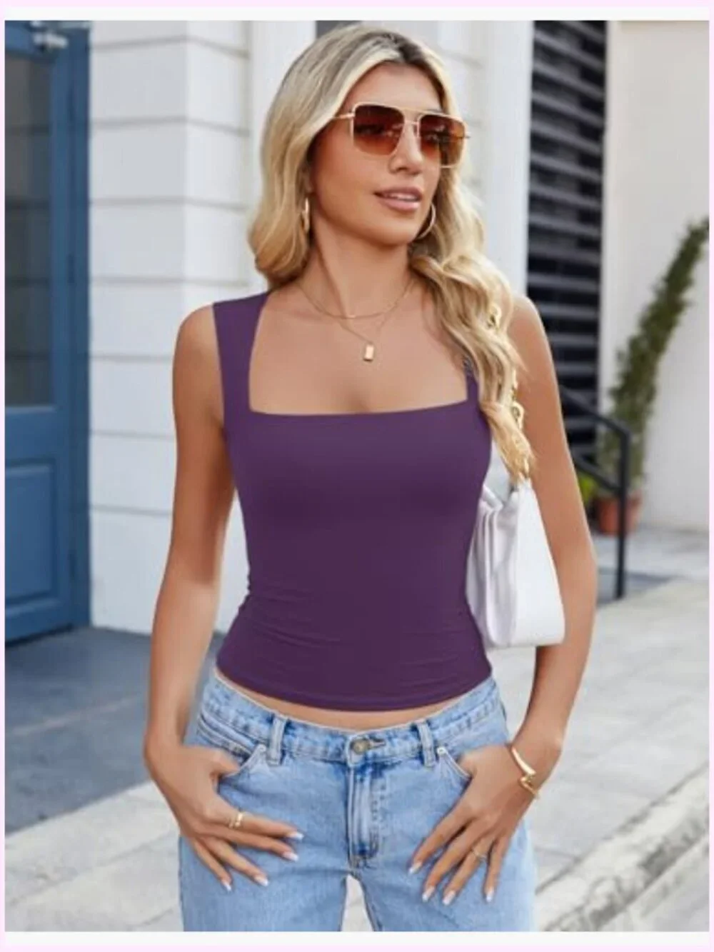 Square Neck Tank Top Double Lined Basic Crop Tops Going Out Shirt Slim Fit